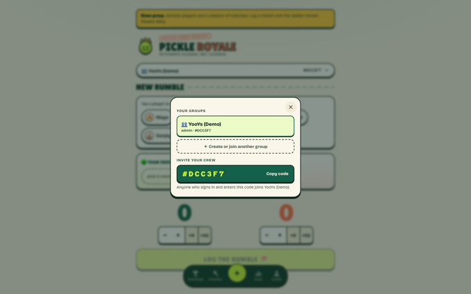 Pickle Royale group-settings sheet showing the demo group's name and its six-character join code with a copy button.