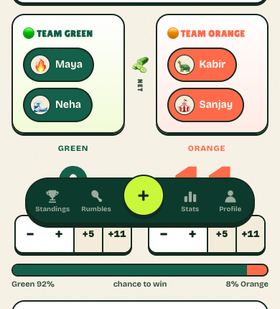 Pickle Royale Log Match flow on a 390px mobile screen, step two: entering the score, with a live win-probability readout.