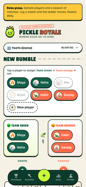 Pickle Royale Log Match flow on a 390px mobile screen, step one: picking players for the Green and Orange teams.