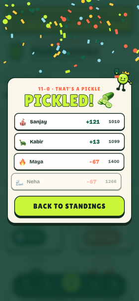 Pickle Royale result screen for an 11-0 skunk, reading Pickled, with the winning team's contribution-split deltas.